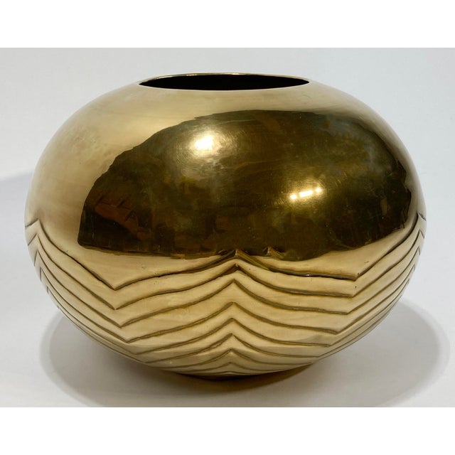 Late 20th Century Vintage Postmodern Style Round Etched Brass Planter or Vase For Sale - Image 5 of 7