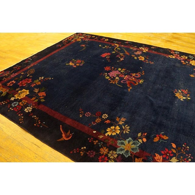 1920s 1920s Blue Navy Floral Medallion Vase Antique Chinese Art Deco Room Size Rug For Sale - Image 5 of 9