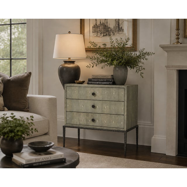 Ironies “Breton” Wide Faux Shagreen Three-Drawer Bedside Table / Commode Details Maker: Ironies Design: Breton Bedside...