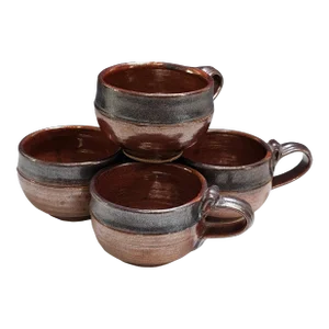 Studio Pottery Iridescent Brown Ceramic Coffee Cups Set of 4