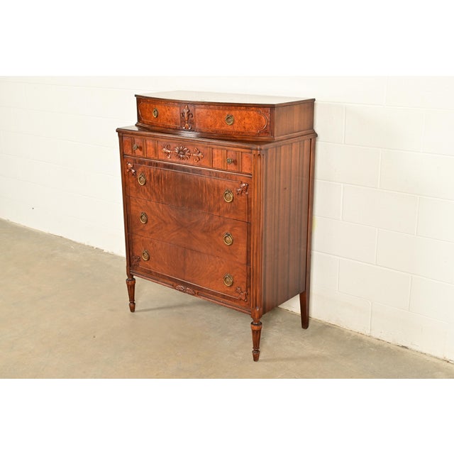 1930s Antique French Regency Louis XVI Burled Walnut Highboy Dresser by Simmons Furniture, Circa 1930s For Sale - Image 5 of 14