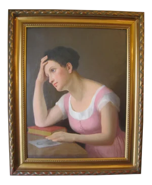 19th C. Portrait of Pensive Young Woman Painting