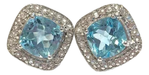 Late 20th Century Pair of Bochic "Capri" Vintage Diamond & Blue Topaz Italian Stud Earrings Set 18K Gold & Silver