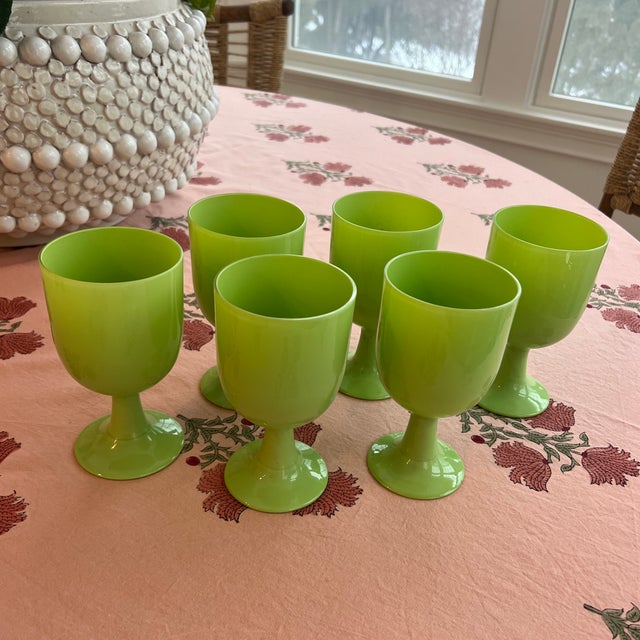 Jade Rare Jade Green Portieux Vallerystal Opaline Glass Water or Wine Goblets For Sale - Image 8 of 10