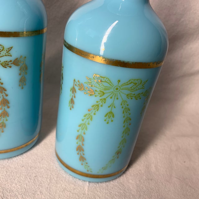 Portieux Vallerysthal Vintage French Portieux Vallerysthal Blue Opaline Glass Vanity Bottles - Pair For Sale - Image 4 of 6