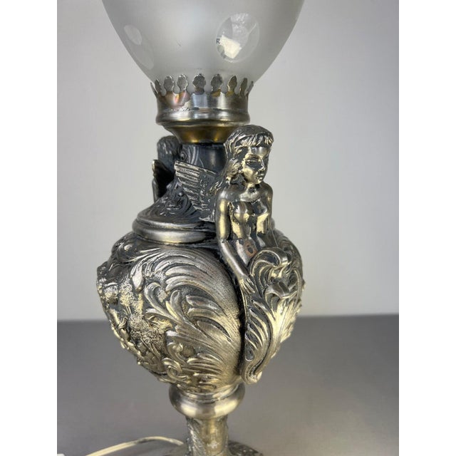 Antique Pewter Angel Lamp with Pleated Glass For Sale - Image 12 of 18