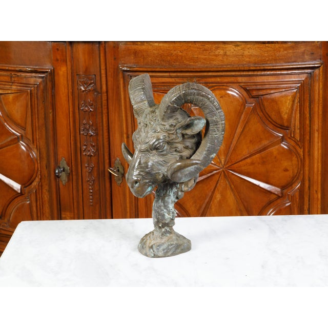 Metal Midcentury Italian Cast Bronze Sculpture of a Ram's Head on Base For Sale - Image 7 of 10