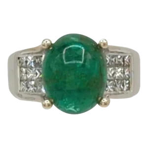 Emerald Cabochon and White Diamond Cocktail Ring in 18K White Gold, size 6
