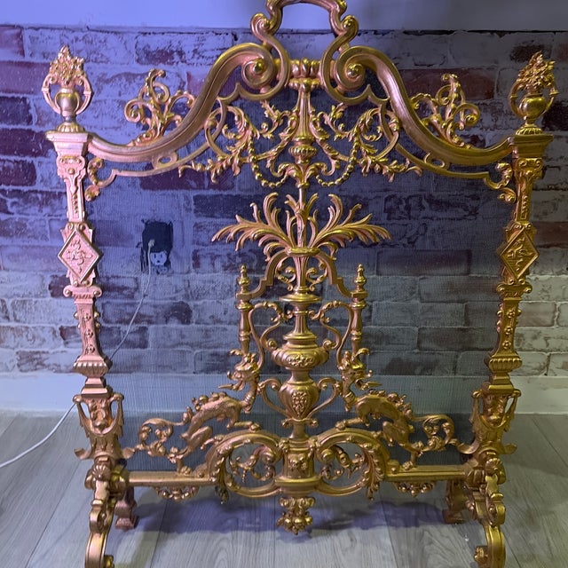 French Antique French Louis XVI Heavy Ormolu Spark Guard, Featuring an Ornate Gilt Frame With Classical Motifs and Blackened Mesh. . For Sale - Image 3 of 8