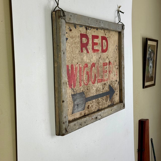 A most unusual antique sign! Advertising Red Wigglers to the right. Painted on tin and framed in a thick wooden frame, and...