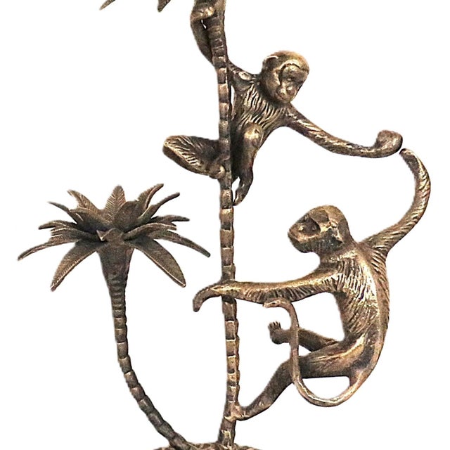 Mid-Century Modern Pair of Maitland Smith Bronze Candelabra W/ Monkeys & Palm Trees For Sale - Image 3 of 6
