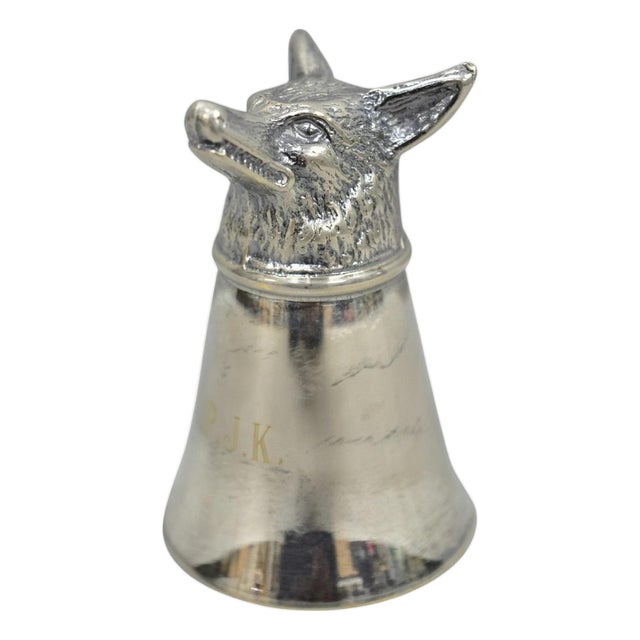 Vintage Pewter Fox Head Silver Plated Stirrup Cup Hunting Equestrian Shot Glass For Sale