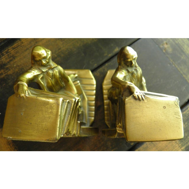 Mid 20th Century Pm Craftsman Cast Metal Brass Bookends Colonial Librarian Falling Books Usa For Sale - Image 5 of 7