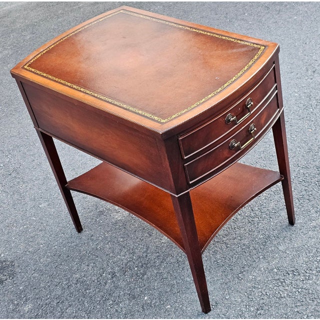 1940s Pair Regency Style Genuine Mahogany and Stenciled Tooled Leather Top Side Tables For Sale - Image 14 of 17