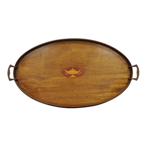 Antique English Edwardian Oval Mahogany Butlers Bar Serving Tray With Urn Inlay