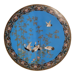 24" Antique Japanese Cloisonne Charger With Cranes and Bamboo, Circa 1900–1920