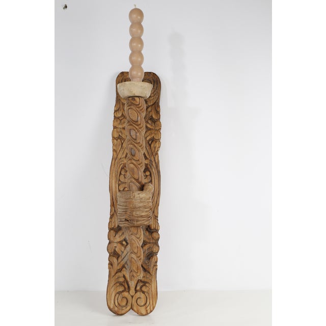 Vintage Hand-Carved Wooden Wall Candle Holder | Folk Art Rustic Architectural Wall Sculpture For Sale - Image 14 of 16