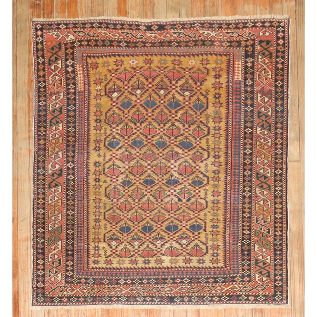 Folk Art Antique Zabihi Collection Caucasian Shirvan Mustard Field Square Late 19th Century Rug - 3'9" x 4'3" For Sale - Image 3 of 10