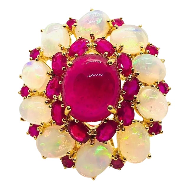 Bochic “Capri” Vintage Natural Ruby & White Opal Retro Ring Set In 18K Gold & Silver For Sale
