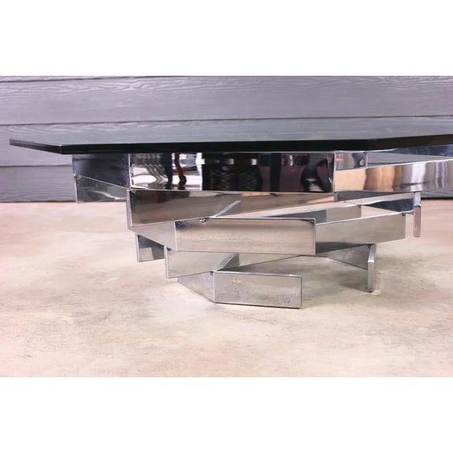 Chrome Mid Century Paul Mayen Stacked Chrome Octagon Coffee Table With Glass Top For Sale - Image 8 of 9