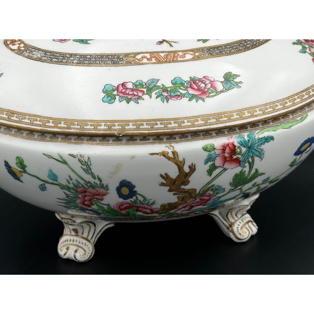 Mid 20th Century Mid 20th Century Hand Painted Indiana Tree–Style Porcelain Footed Tureen • Floral & Gilt Accents • Ornate Handles • 16" For Sale - Image 5 of 8