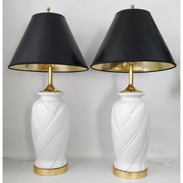 Lamp Pair White Plaster Palm Tree Leaf Restored Large For Sale In Miami - Image 6 of 13