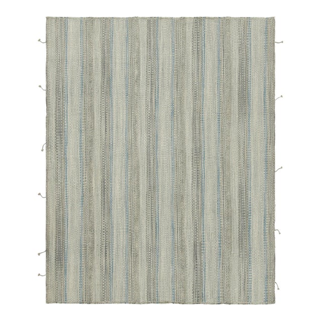 Rug & Kilim’s Contemporary Kilim With Blue and Slate Gray Textural Stripes For Sale