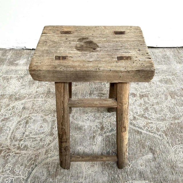 Early 20th Century Vintage Elm Wood Stool For Sale In Los Angeles - Image 6 of 11