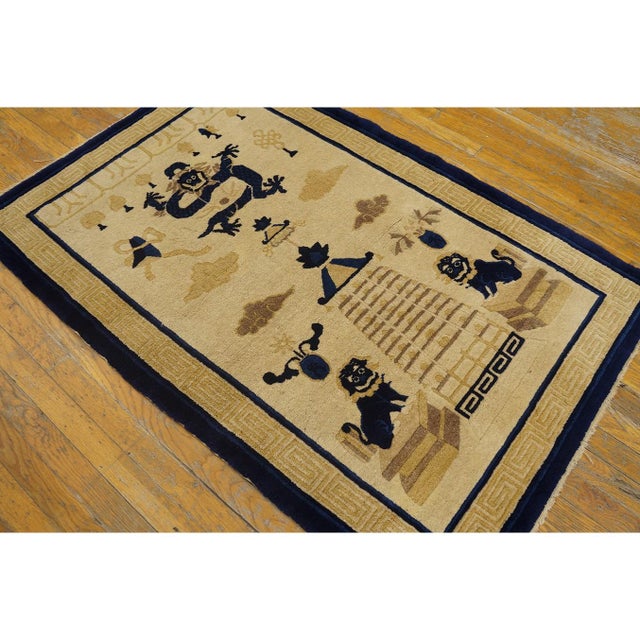 Chinese 1900s Beige Ground Dragon and Foo Dog Chinese Lion Antique Peking Small Rug For Sale - Image 3 of 10