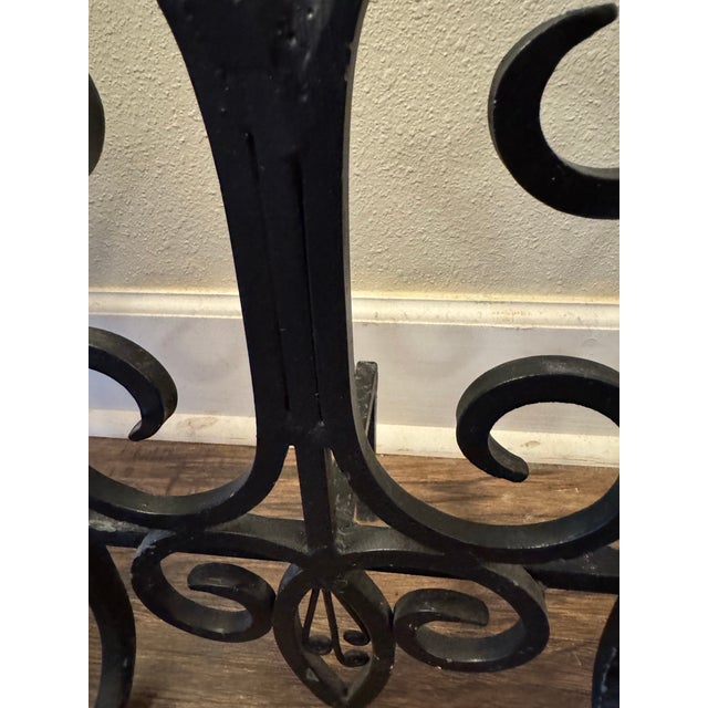 French Country Pair of Vintage Wrought Iron Fleur-De-Lis Fireplace Andirons For Sale - Image 3 of 5