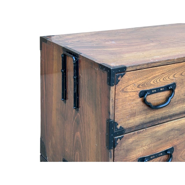 Wood Vintage Brown Wood Black Hardware Accent Stack Tansu Chest Cabinet For Sale - Image 7 of 10
