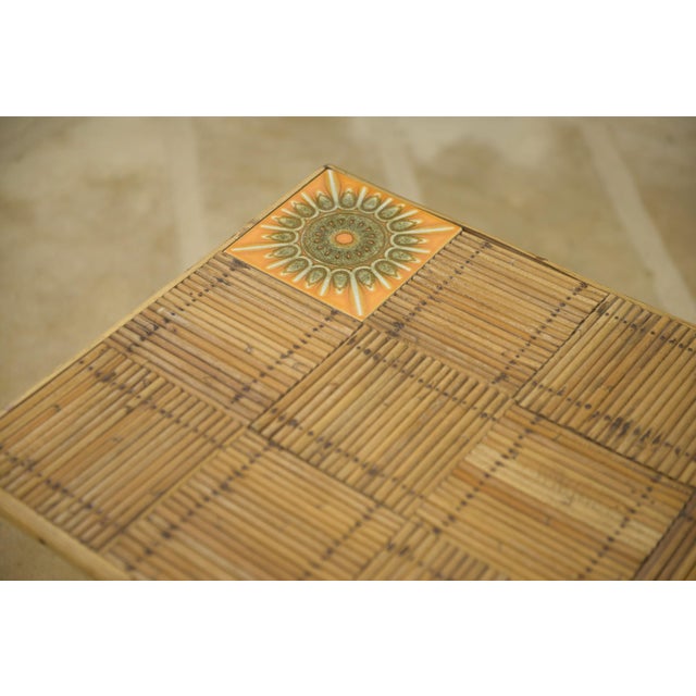 Coffee Table in Rattan and Ceramic attributed to Audoux Minet, 1950s For Sale - Image 6 of 9