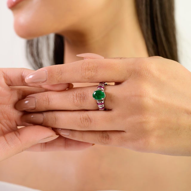 Green Art Deco Oval May Birthstone & Ruby Ring in Solid Silver by Carat&her - Size 7 For Sale - Image 8 of 11