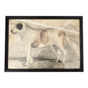Americana Folk Art Dog Colored Drawing Painting, Framed