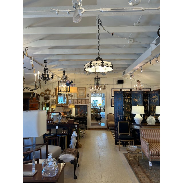 Late 19th Century Milk Glass & Bronzed Metal Tiffany Style Chandelier For Sale - Image 5 of 5