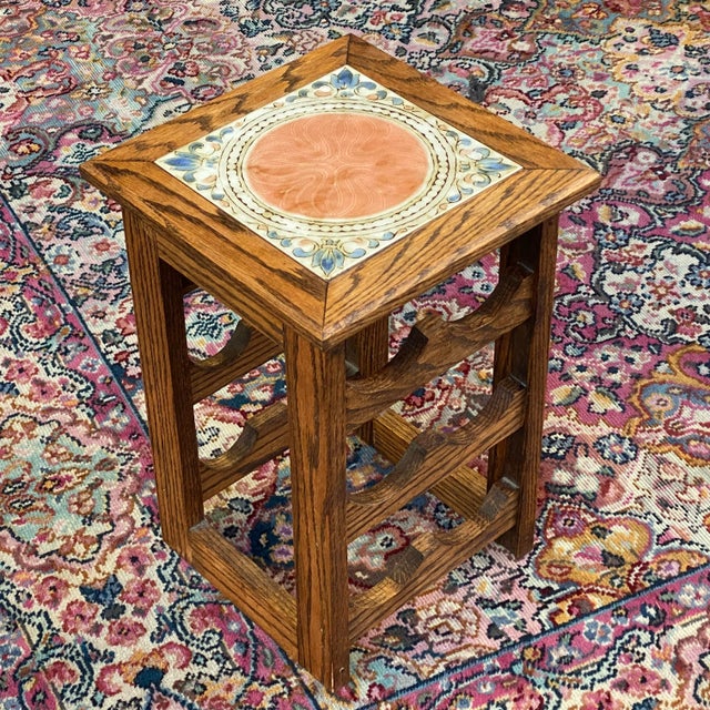 Brown Vintage Italian Tile & Solid Oak Six Bottle Table Top Wine Rack For Sale - Image 8 of 13