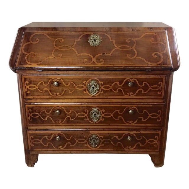 18th Century Italian Baroque Inlaid Walnut Drop-Front Secretary Desk / Commode For Sale