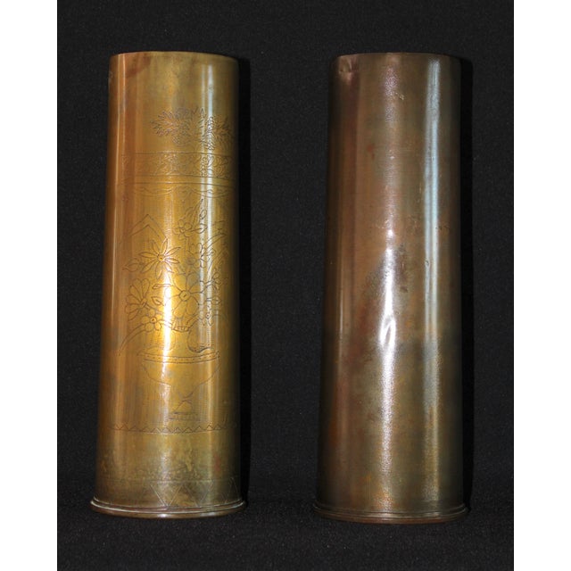 Industrial Pair of Antique Wwi Brass Artillery Shell Trench Art Vases, Dated C. 1916–1918 For Sale - Image 3 of 7