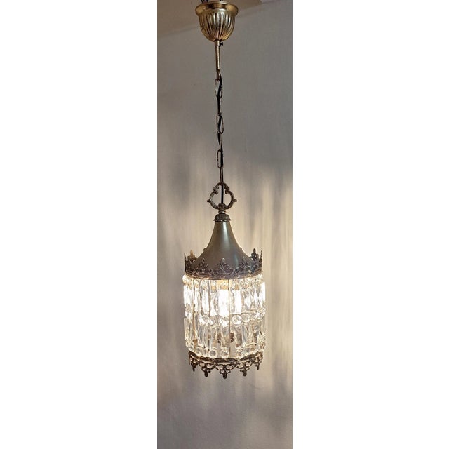 Vintage Brass Metal and Crystal Glass Ceiling Lamp, 1970s For Sale - Image 3 of 7