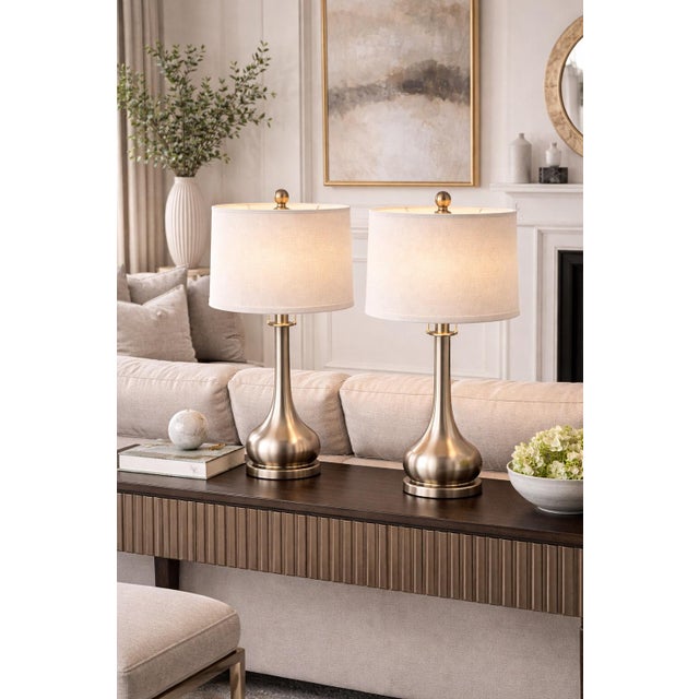 Metal Mid 20th Century Sculptural Neoclassical Brushed Nickel Table Lamps With Linen Shades - a Pair For Sale - Image 7 of 7