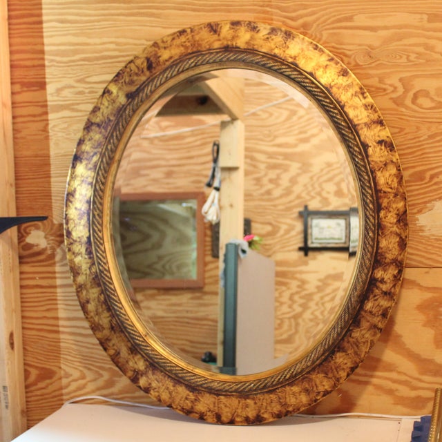 Sarreid Ltd. 1980s Oval Wooden Wall Mirror With Painted Faux Tortoise Shell Frame For Sale - Image 4 of 5