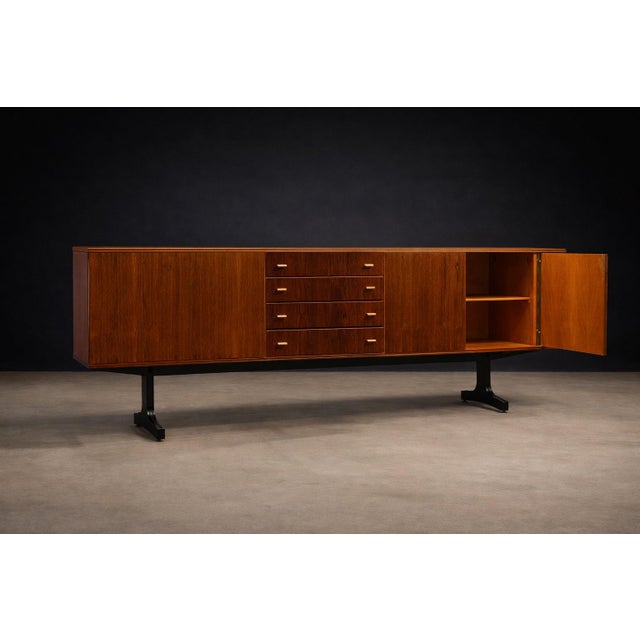Brown Cimo Brazilian Rosewood Credenza with Ebony-Finished Legs and Brass Hardware, Brazil, 1960s — Architectural Storage with Eight Compartments - Lot 319 For Sale - Image 8 of 17