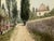 Original watercolor on textured paper depicting a tranquil waterside road lined with tall poplar-like trees and pollarded...
