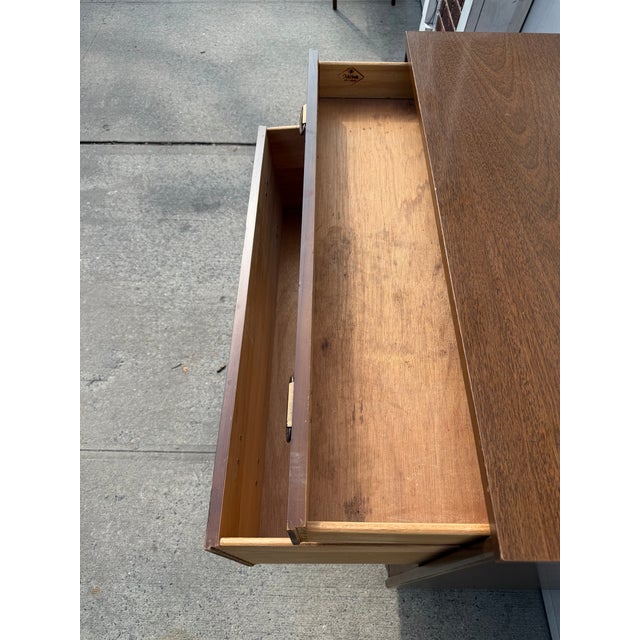 Mid Century Modern Walnut Highboy Dresser With Sculptural Brass Ring Pulls For Sale - Image 9 of 12