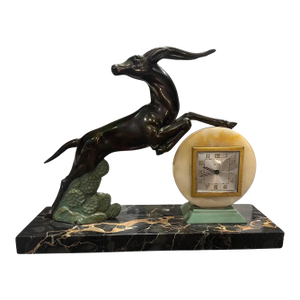 1930s Art Deco Portoro Marble and Metal French Table Clock