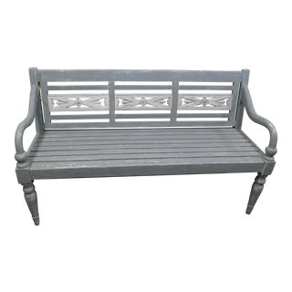 Vintage French Gray & White Finish Teak Bench For Sale