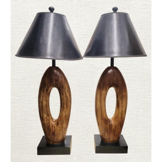 Vintage Extra Tall Organic Wood and Bone Mid Century Modern Open Oval Black Shade Table Lamps - a Pair For Sale - Image 11 of 15