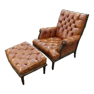 Vintage Tufted Leather Chair and Ottoman With Faux Bamboo Frame For Sale