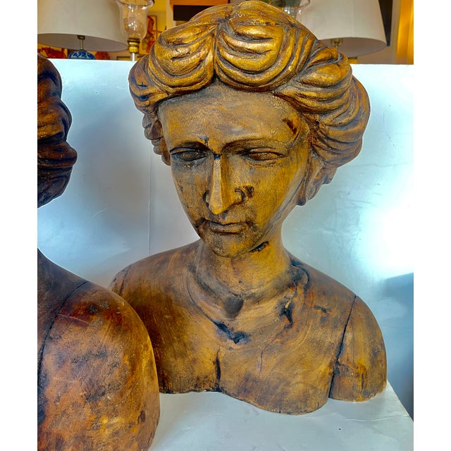 Mediterranean Pair Italian Large Hand Carved Wood Figureheads For Sale - Image 3 of 13