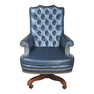 North Hickory Furniture Tufted Blue Leather Executive Office Chair For Sale